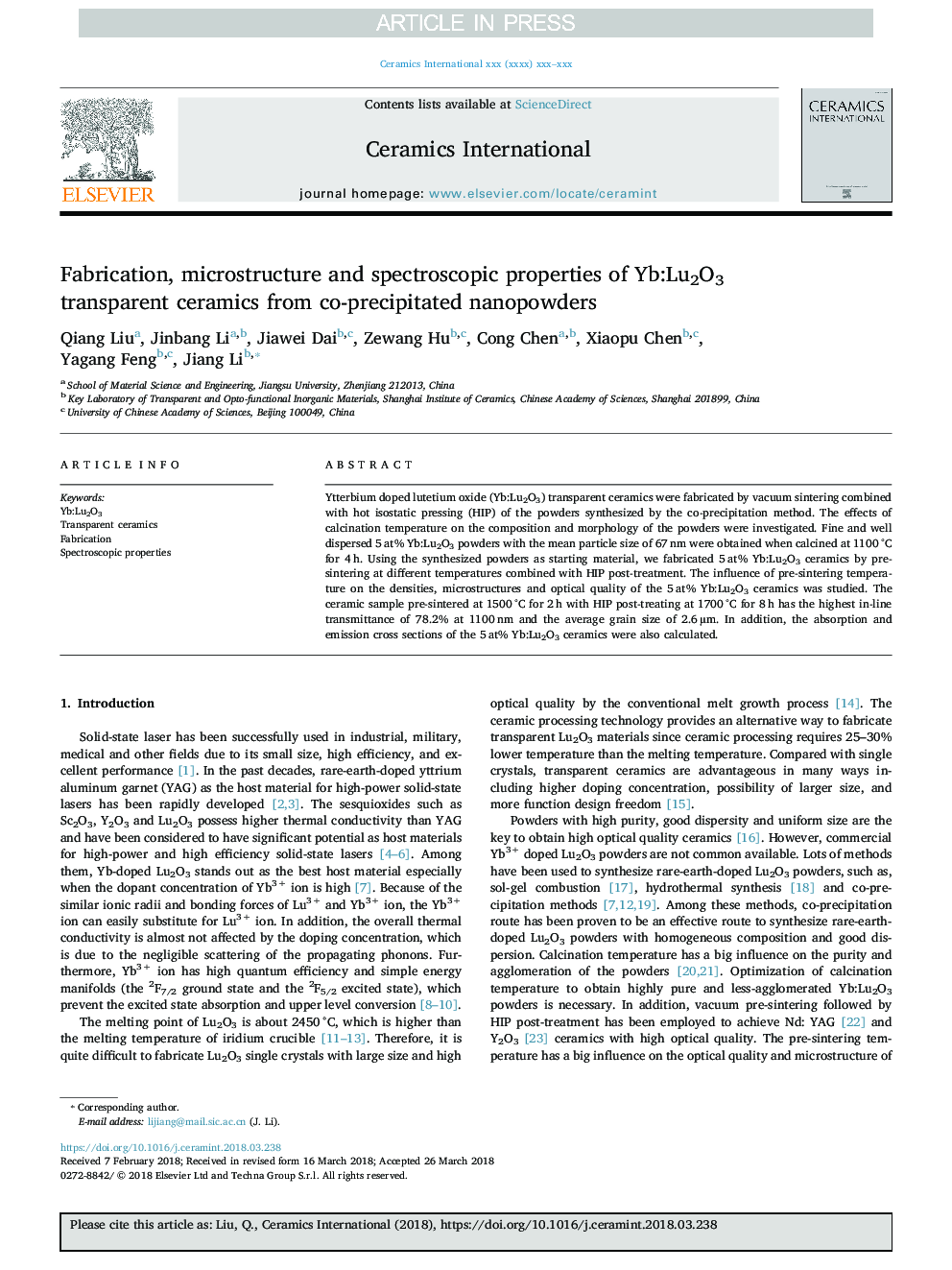 Fabrication, microstructure and spectroscopic properties of Yb:Lu2O3 transparent ceramics from co-precipitated nanopowders