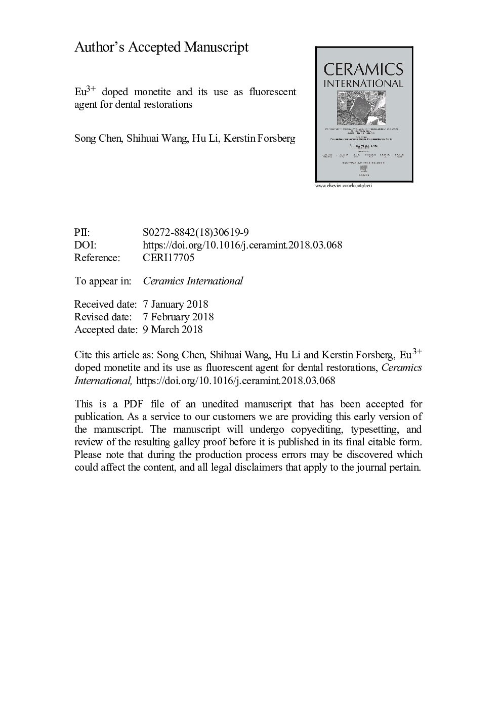 Eu3+ doped monetite and its use as fluorescent agent for dental restorations