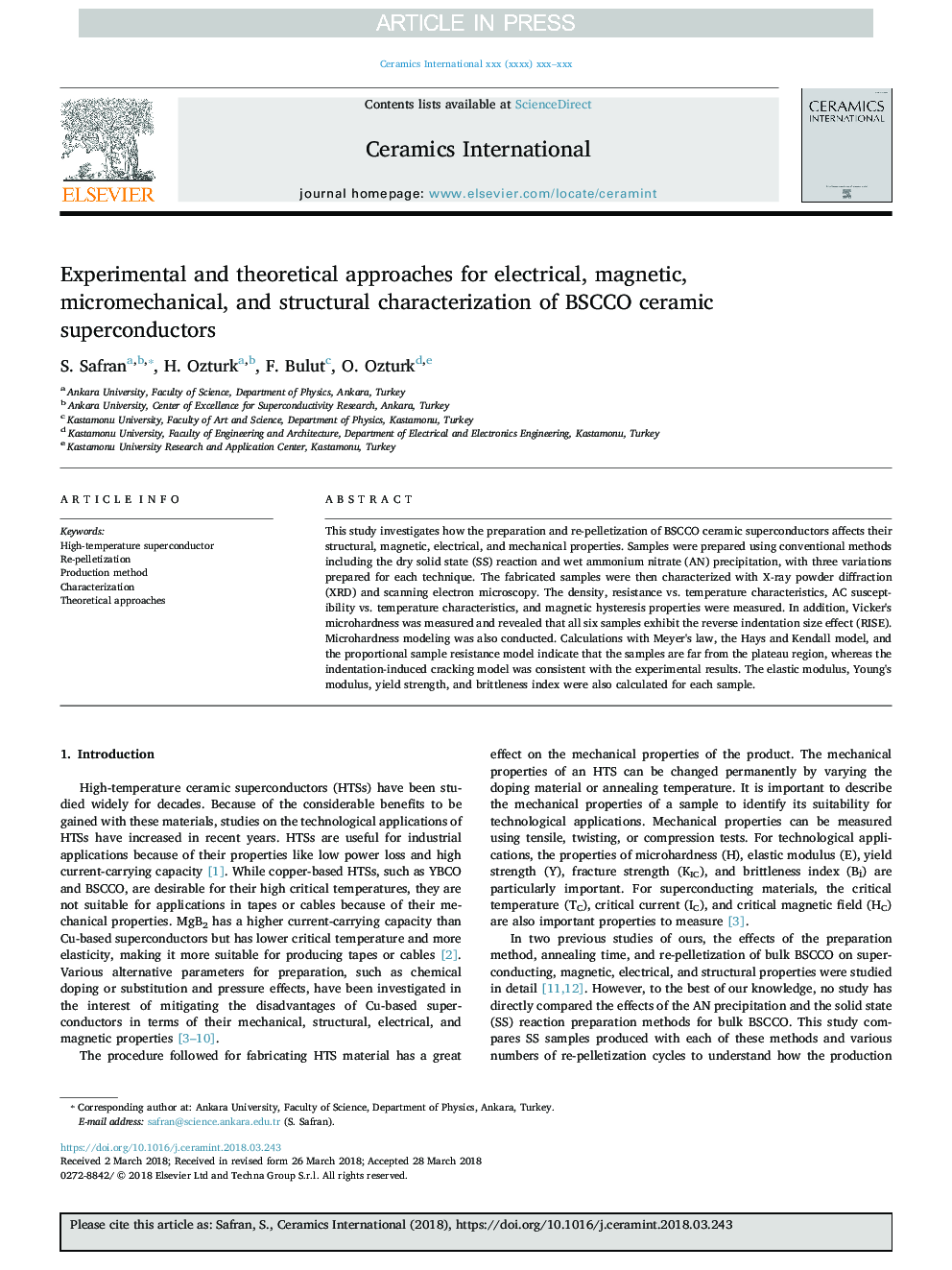 Experimental and theoretical approaches for electrical, magnetic, micromechanical, and structural characterization of BSCCO ceramic superconductors