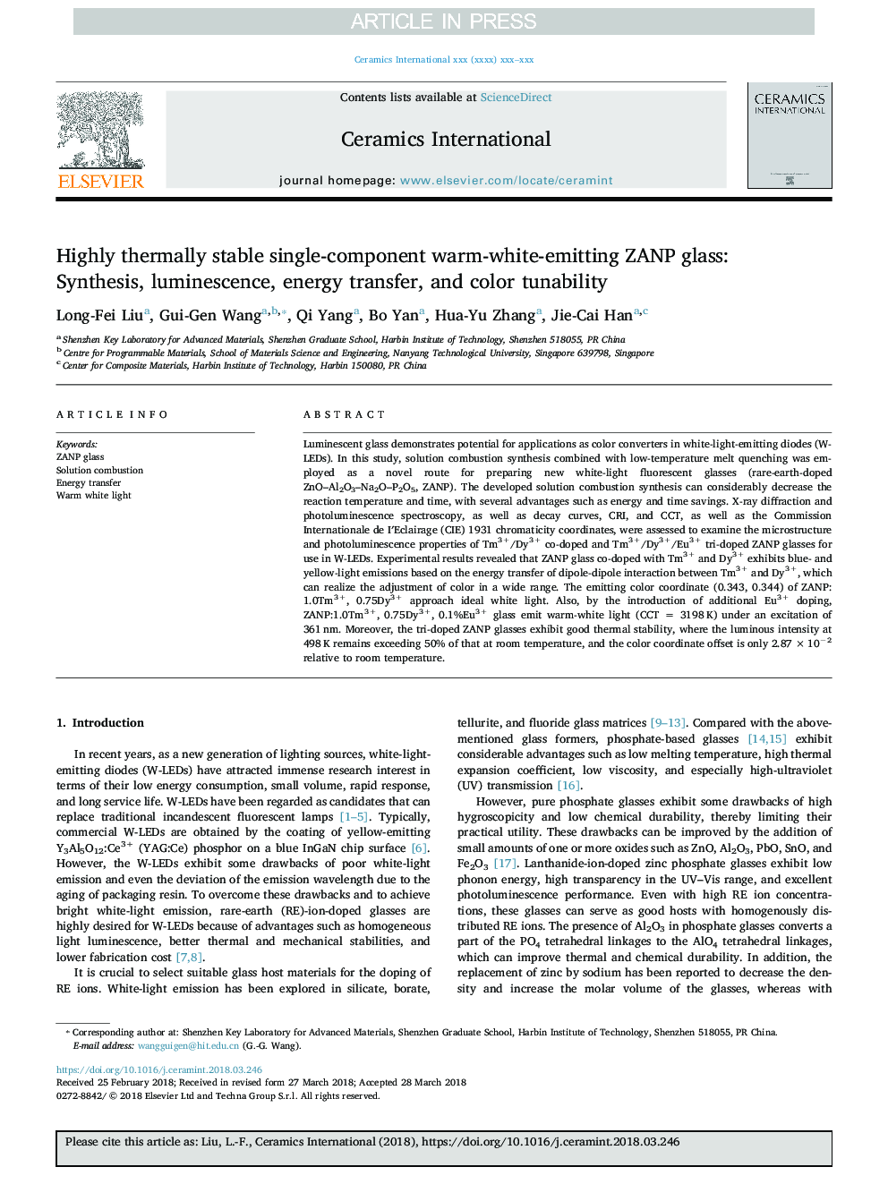 Highly thermally stable single-component warm-white-emitting ZANP glass: Synthesis, luminescence, energy transfer, and color tunability