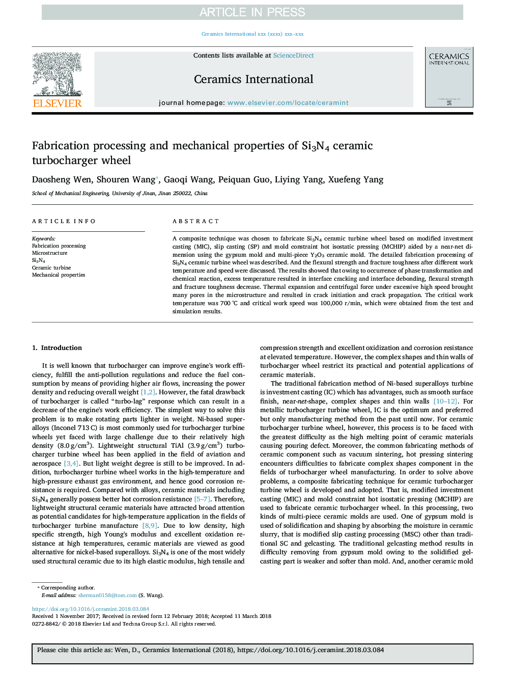 Fabrication processing and mechanical properties of Si3N4 ceramic turbocharger wheel