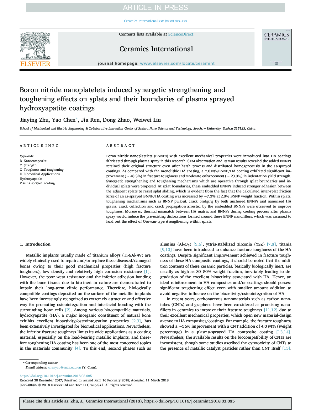 Boron nitride nanoplatelets induced synergetic strengthening and toughening effects on splats and their boundaries of plasma sprayed hydroxyapatite coatings