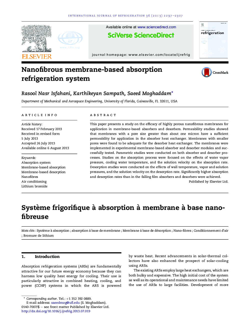 Nanofibrous membrane-based absorption refrigeration system