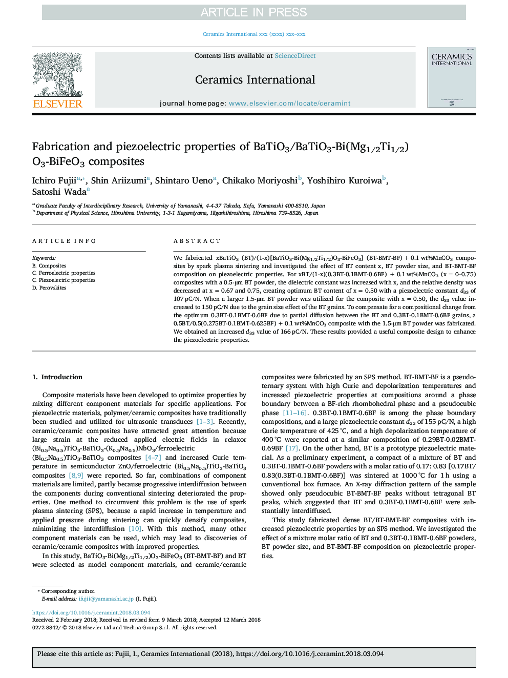 Fabrication and piezoelectric properties of BaTiO3/BaTiO3-Bi(Mg1/2Ti1/2)O3-BiFeO3 composites