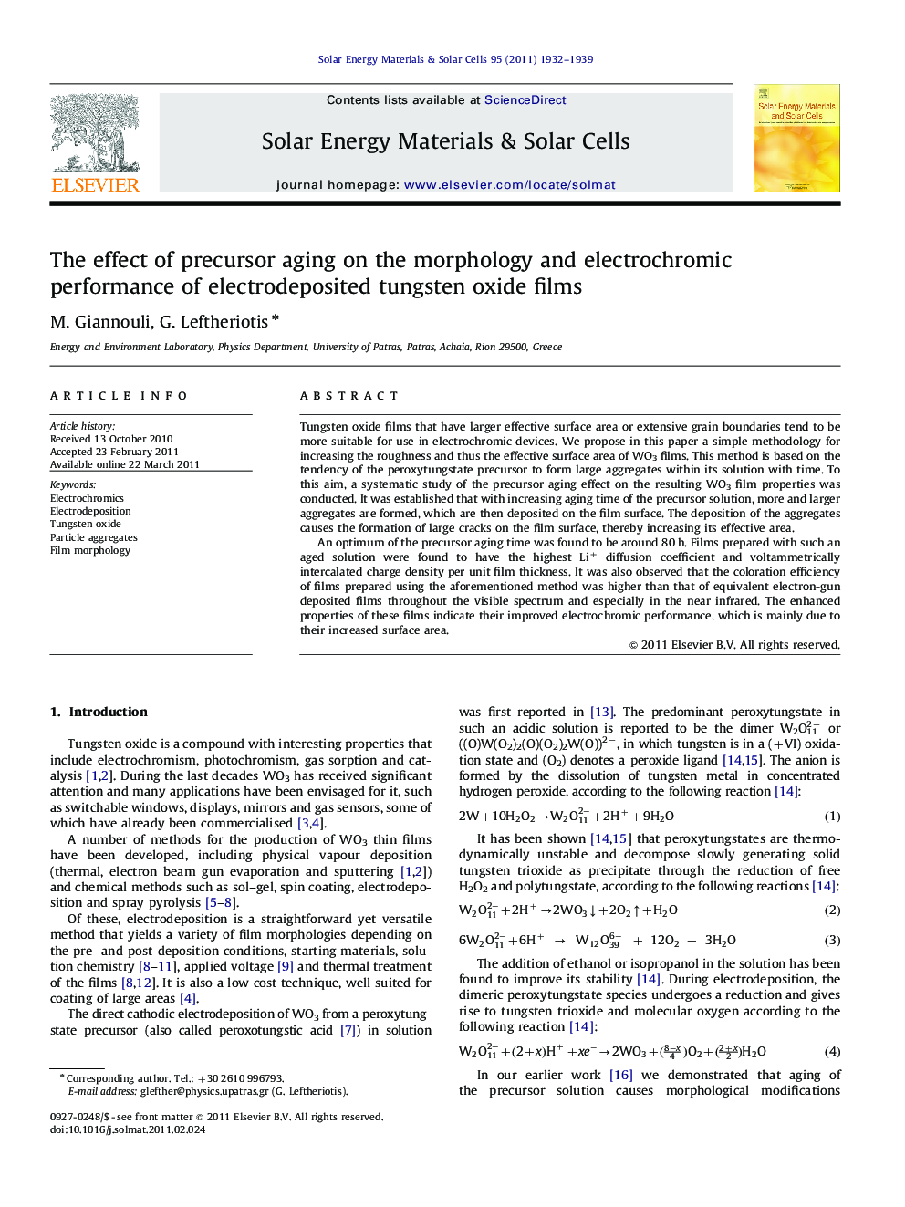 The effect of precursor aging on the morphology and electrochromic performance of electrodeposited tungsten oxide films