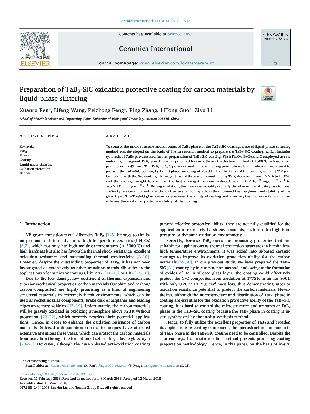 Preparation of TaB2-SiC oxidation protective coating for carbon materials by liquid phase sintering