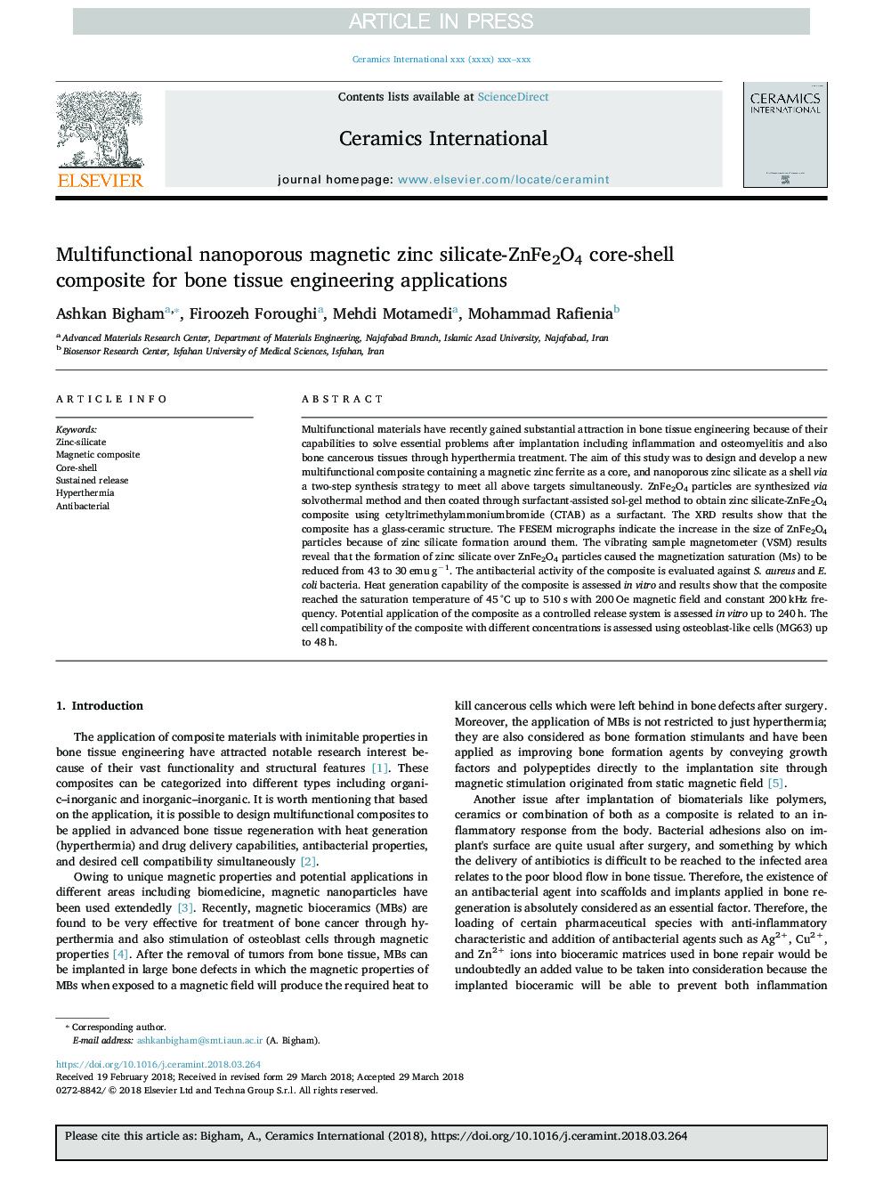 Multifunctional nanoporous magnetic zinc silicate-ZnFe2O4 core-shell composite for bone tissue engineering applications