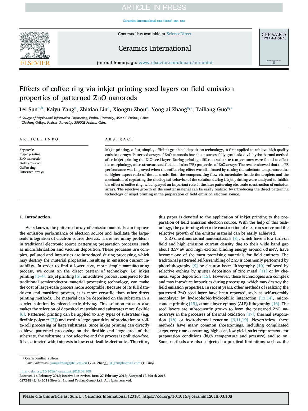 Effects of coffee ring via inkjet printing seed layers on field emission properties of patterned ZnO nanorods