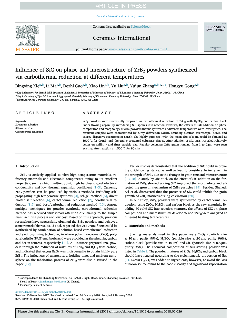 Influence of SiC on phase and microstructure of ZrB2 powders synthesized via carbothermal reduction at different temperatures