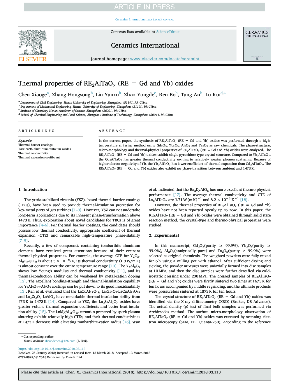 Thermal properties of RE2AlTaO7 (RE = Gd and Yb) oxides