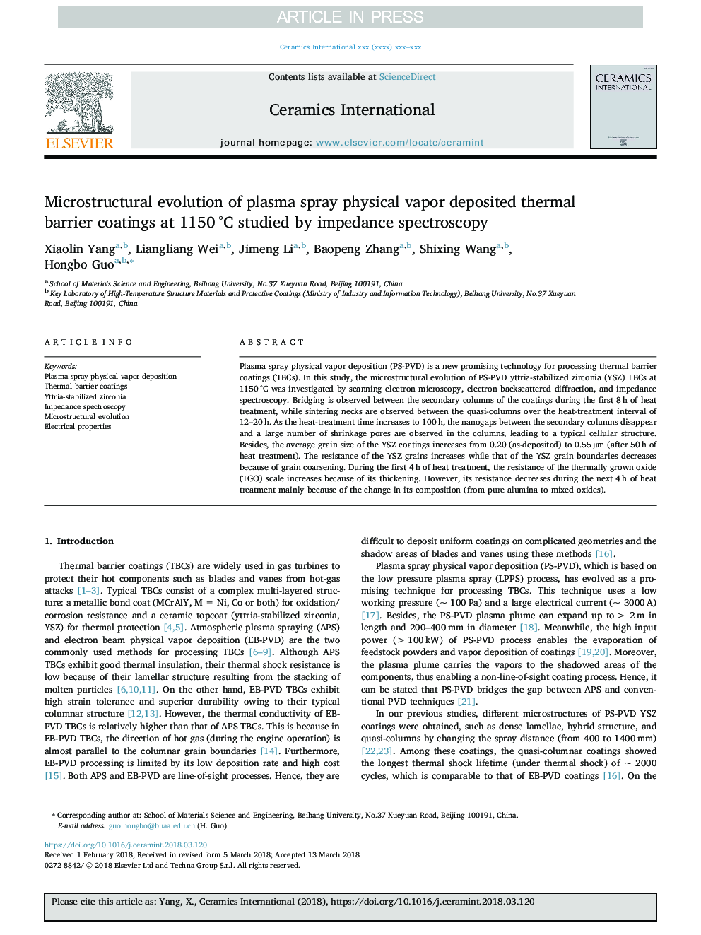 Microstructural evolution of plasma spray physical vapor deposited thermal barrier coatings at 1150â¯Â°C studied by impedance spectroscopy