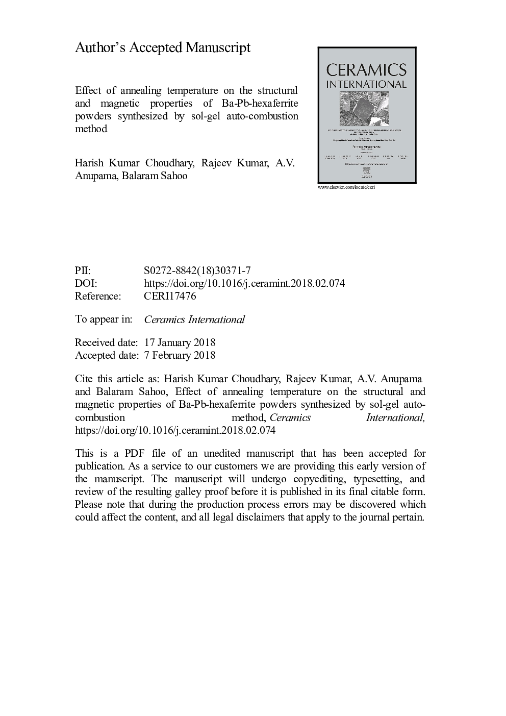 Effect of annealing temperature on the structural and magnetic properties of Ba-Pb-hexaferrite powders synthesized by sol-gel auto-combustion method