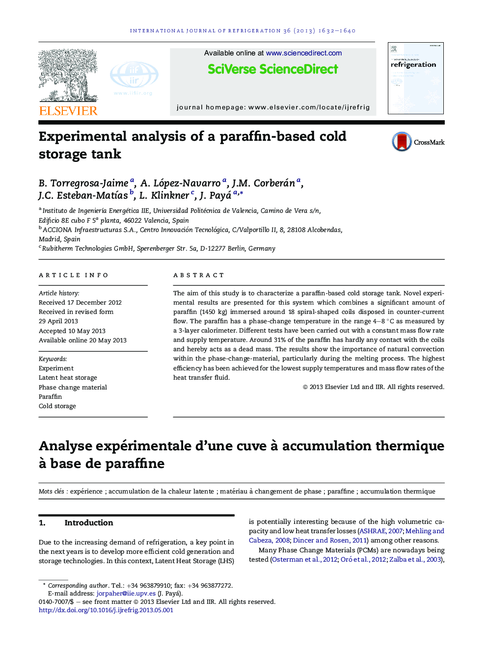 Experimental analysis of a paraffin-based cold storage tank