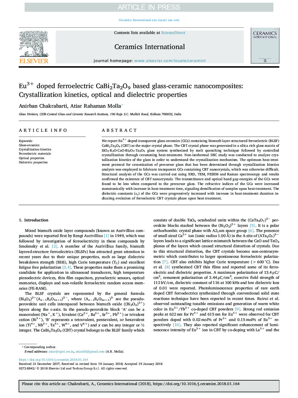 Eu3+ doped ferroelectric CaBi2Ta2O9 based glass-ceramic nanocomposites: Crystallization kinetics, optical and dielectric properties