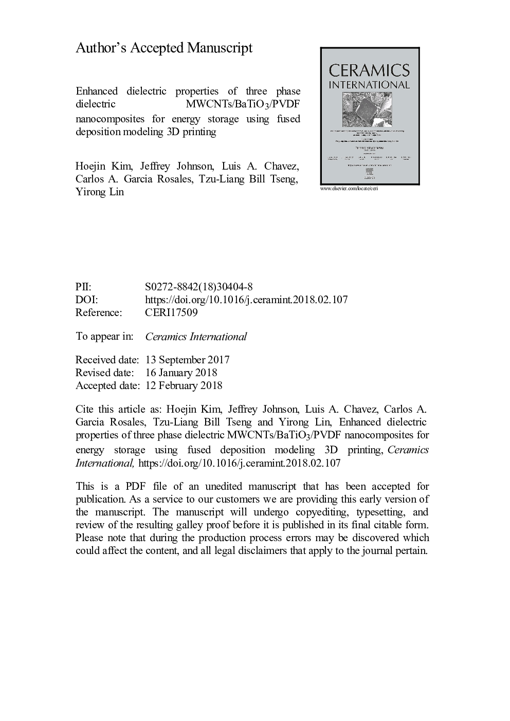 عکس صفحه اول مقاله: Enhanced dielectric properties of three phase dielectric MWCNTs/BaTiO3/PVDF nanocomposites for energy storage using fused deposition modeling 3D printing Enhanced dielectric properties of three phase dielectric MWCNTs/BaTiO3/PVDF nanocomposites for energy storage using fused deposition modeling 3D printing