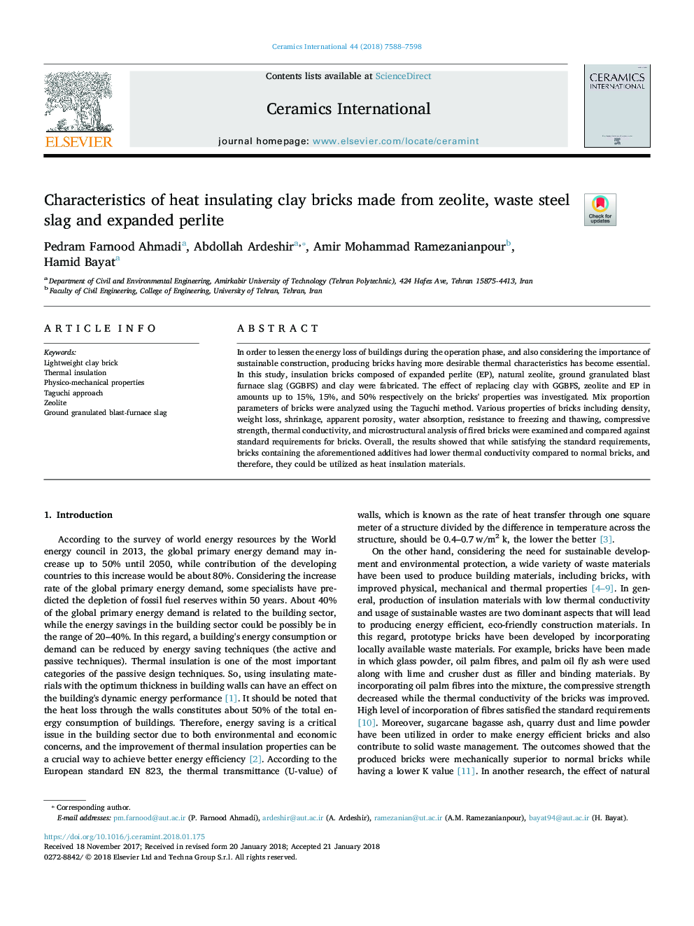 Characteristics of heat insulating clay bricks made from zeolite, waste steel slag and expanded perlite