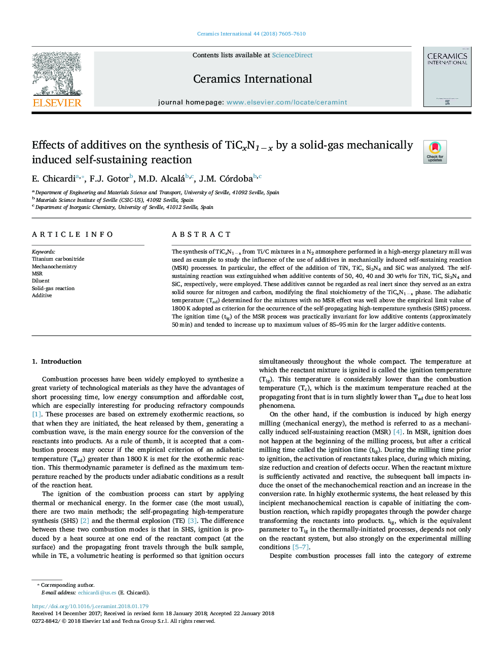 Effects of additives on the synthesis of TiCxN1âx by a solid-gas mechanically induced self-sustaining reaction