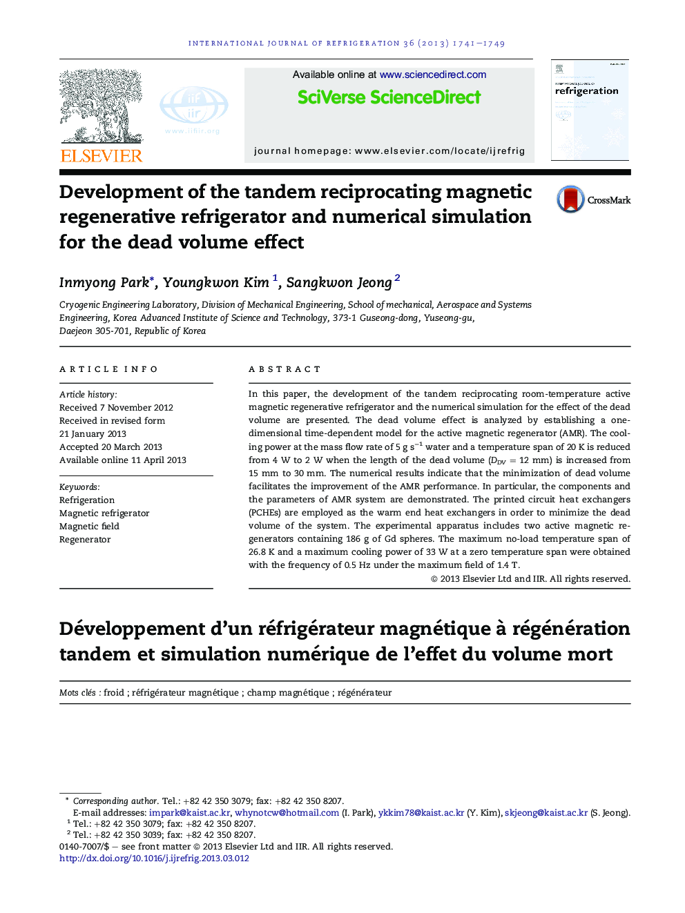 Development of the tandem reciprocating magnetic regenerative refrigerator and numerical simulation for the dead volume effect