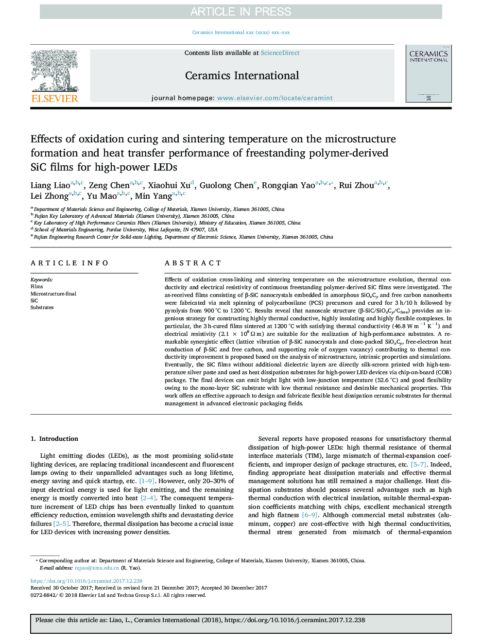 Effects of oxidation curing and sintering temperature on the microstructure formation and heat transfer performance of freestanding polymer-derived SiC films for high-power LEDs