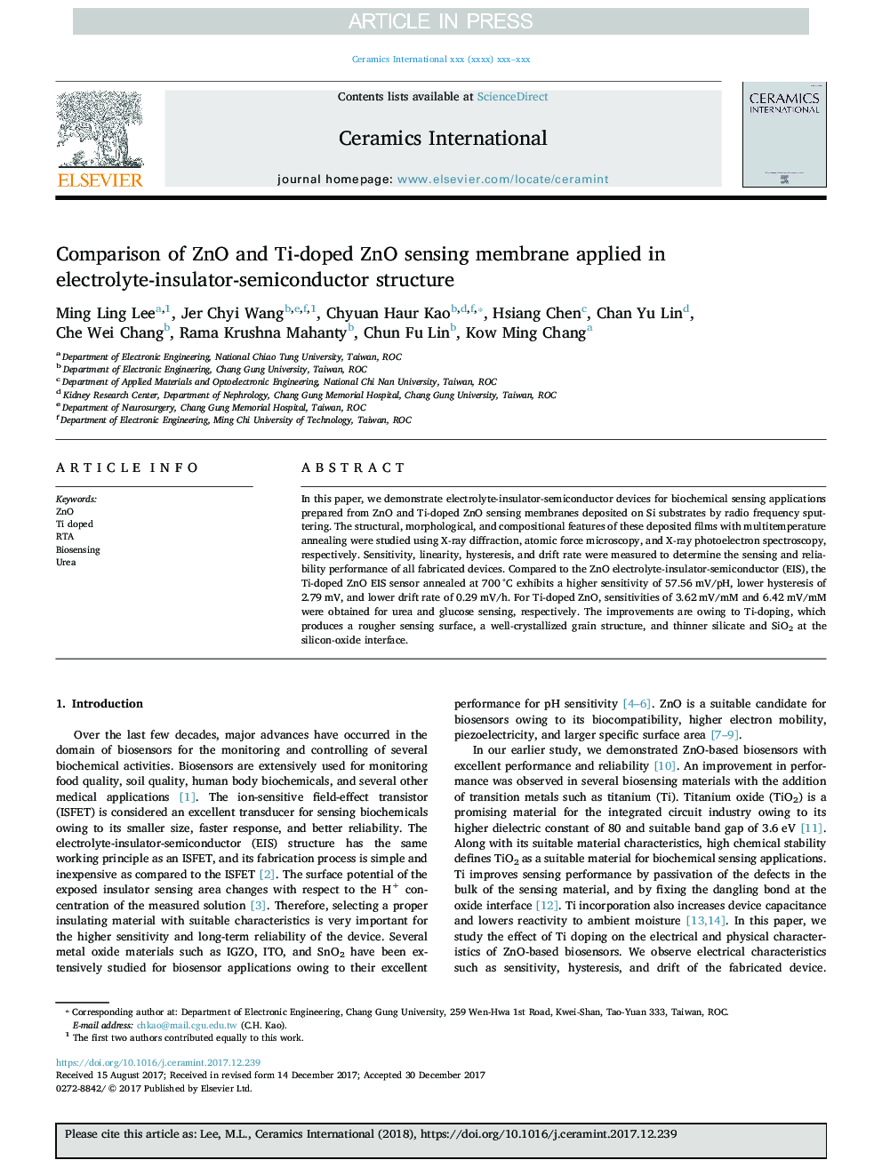 عکس صفحه اول مقاله: Comparison of ZnO and Ti-doped ZnO sensing membrane applied in electrolyte-insulator-semiconductor structure Comparison of ZnO and Ti-doped ZnO sensing membrane applied in electrolyte-insulator-semiconductor structure