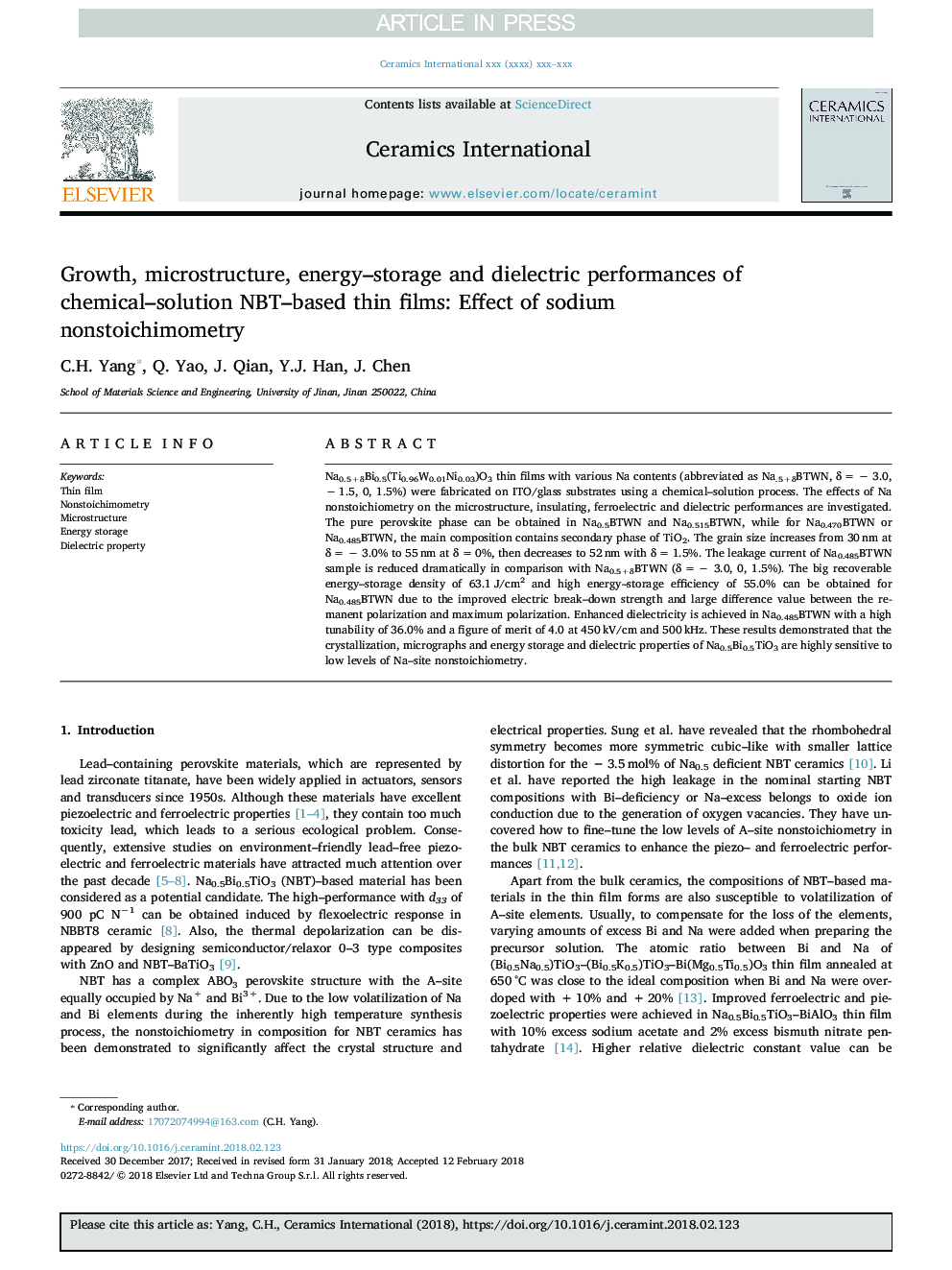 Growth, microstructure, energy-storage and dielectric performances of chemical-solution NBT-based thin films: Effect of sodium nonstoichimometry