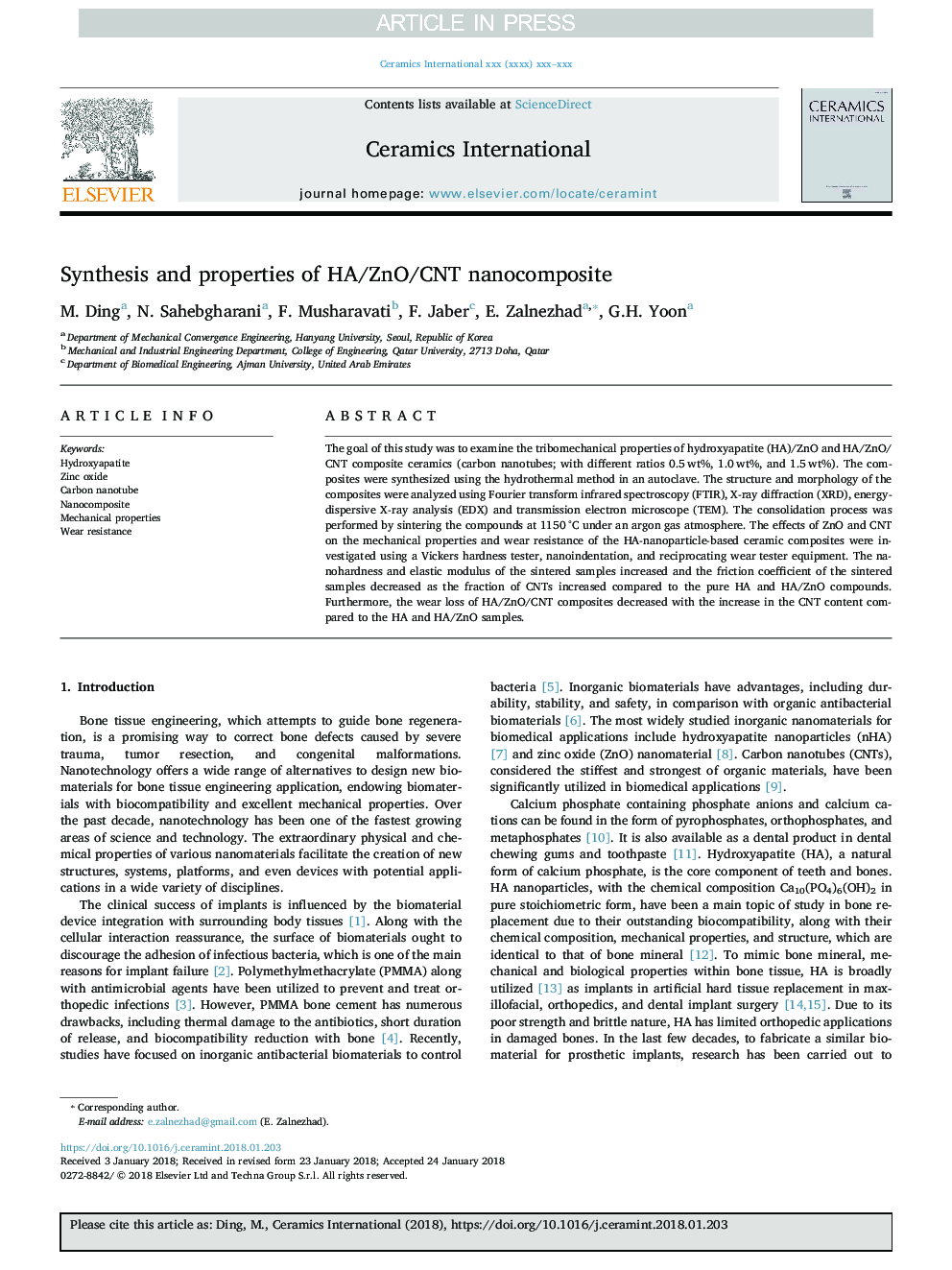 Synthesis and properties of HA/ZnO/CNT nanocomposite