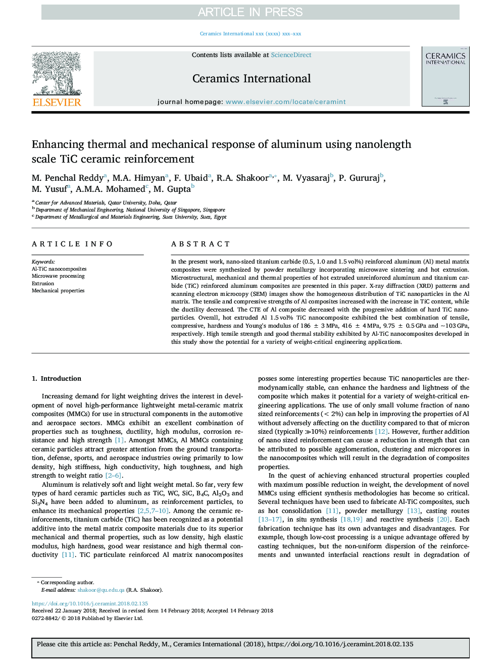 Enhancing thermal and mechanical response of aluminum using nanolength scale TiC ceramic reinforcement