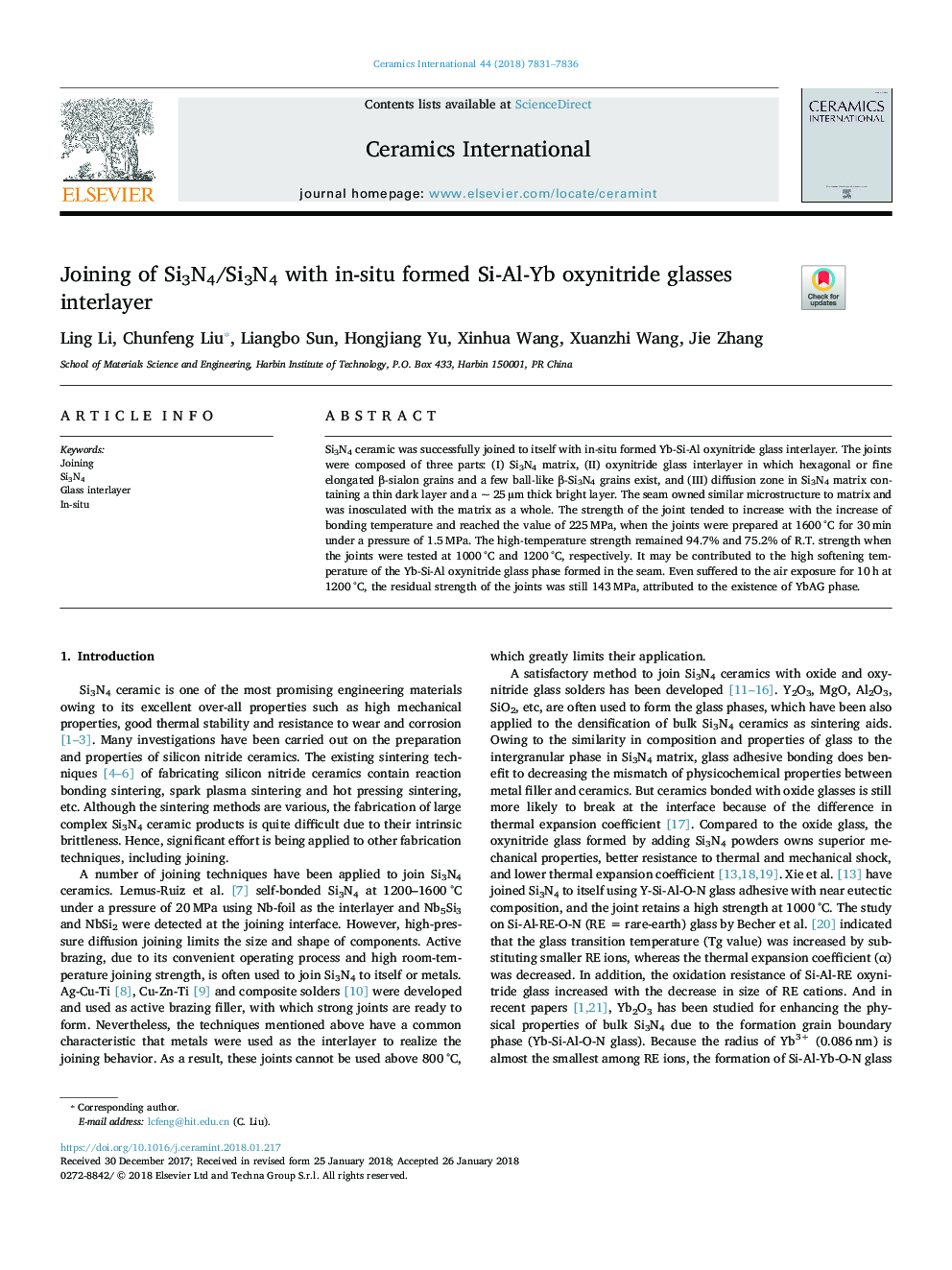 Joining of Si3N4/Si3N4 with in-situ formed Si-Al-Yb oxynitride glasses interlayer