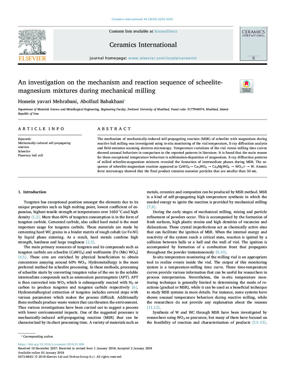 An investigation on the mechanism and reaction sequence of scheelite-magnesium mixtures during mechanical milling
