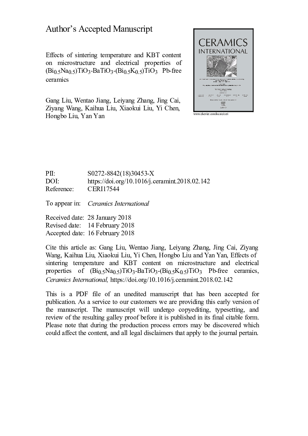 Effects of sintering temperature and KBT content on microstructure and electrical properties of (Bi.5Na.5)TiO3-BaTiO3-(Bi.5K.5)TiO3 Pb-free ceramics