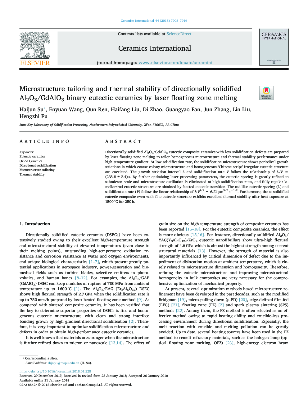 Microstructure tailoring and thermal stability of directionally solidified Al2O3/GdAlO3 binary eutectic ceramics by laser floating zone melting