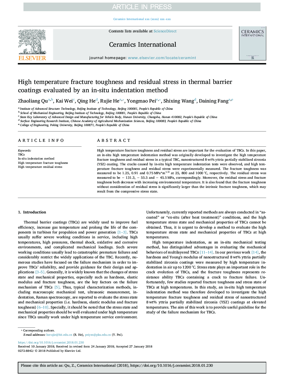 High temperature fracture toughness and residual stress in thermal barrier coatings evaluated by an in-situ indentation method