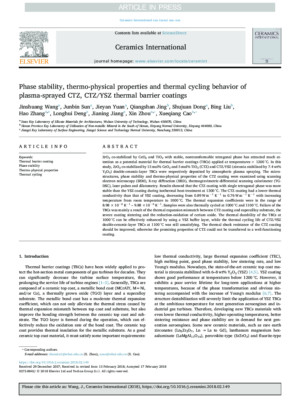 Phase stability, thermo-physical properties and thermal cycling behavior of plasma-sprayed CTZ, CTZ/YSZ thermal barrier coatings