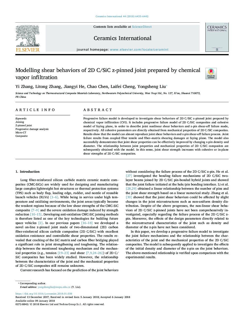Modelling shear behaviors of 2D C/SiC z-pinned joint prepared by chemical vapor infiltration
