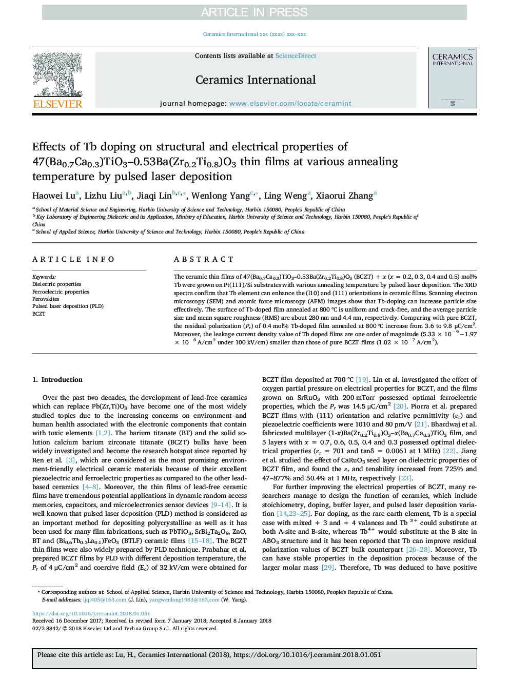 Effects of Tb doping on structural and electrical properties of 47(Ba0.7Ca0.3)TiO3-0.53Ba(Zr0.2Ti0.8)O3 thin films at various annealing temperature by pulsed laser deposition