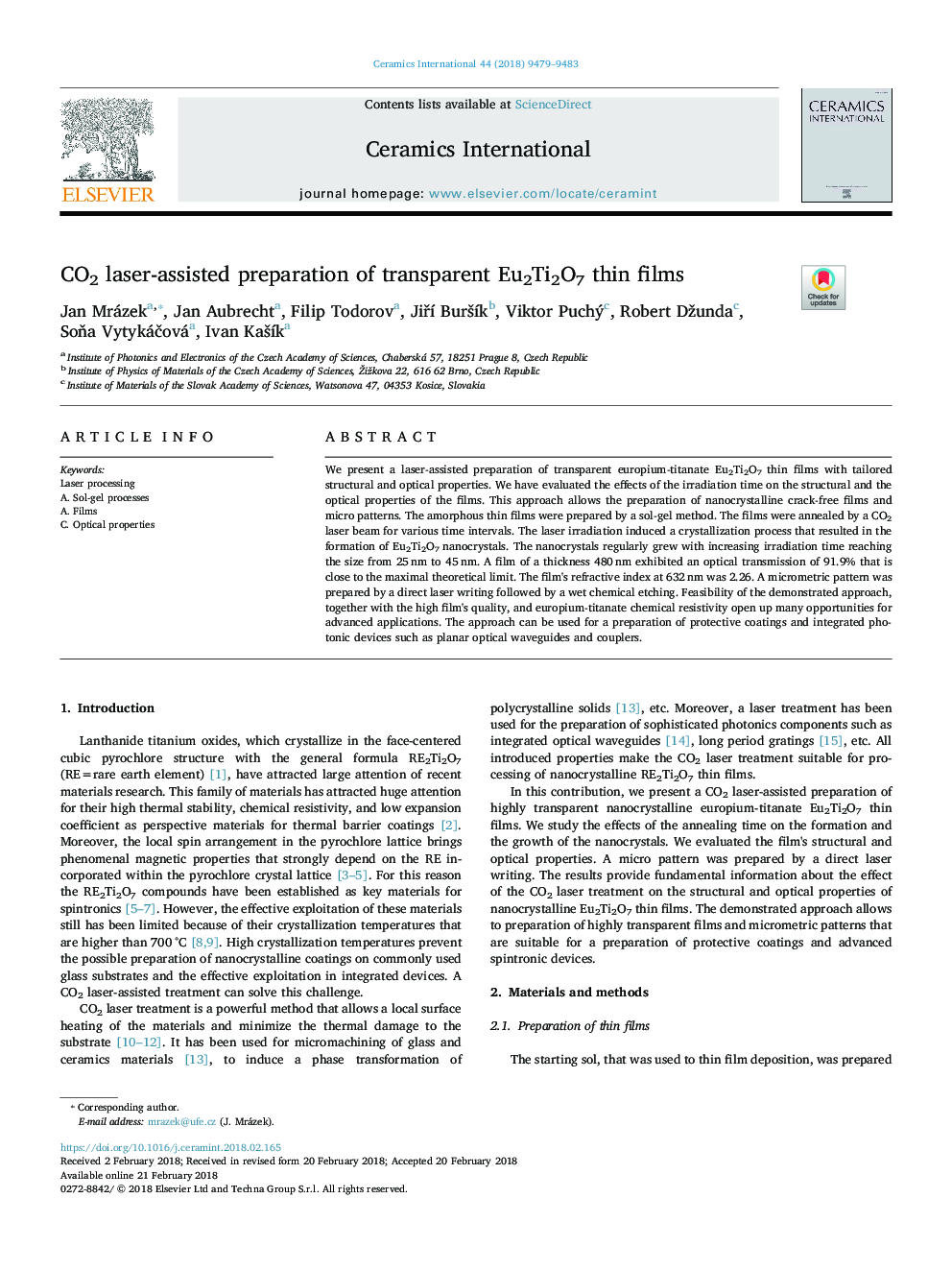 CO2 laser-assisted preparation of transparent Eu2Ti2O7 thin films