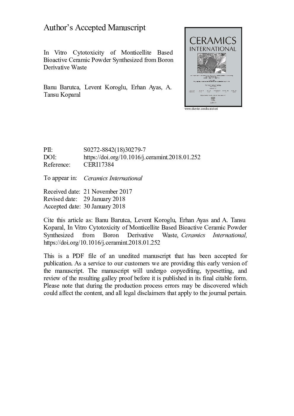 In vitro cytotoxicity of monticellite based bioactive ceramic powder synthesized from boron derivative waste