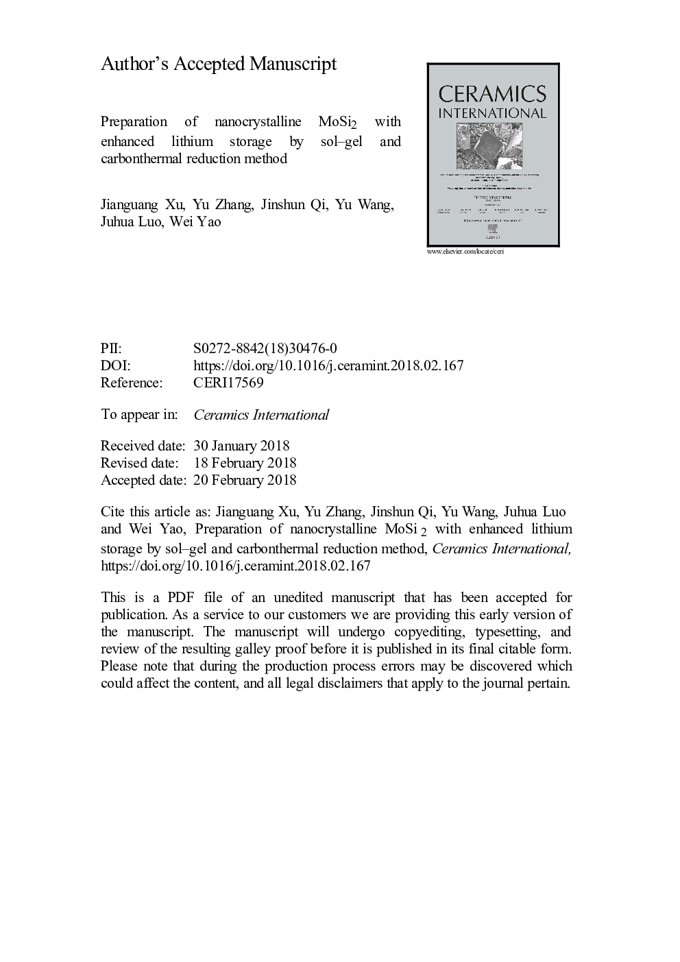 Preparation of nanocrystalline MoSi2 with enhanced lithium storage by sol-gel and carbonthermal reduction method