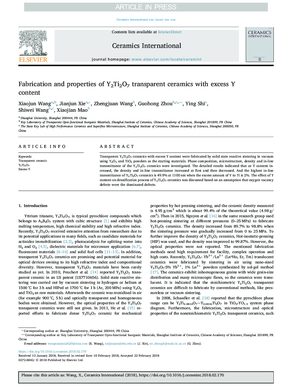 Fabrication and properties of Y2Ti2O7 transparent ceramics with excess Y content