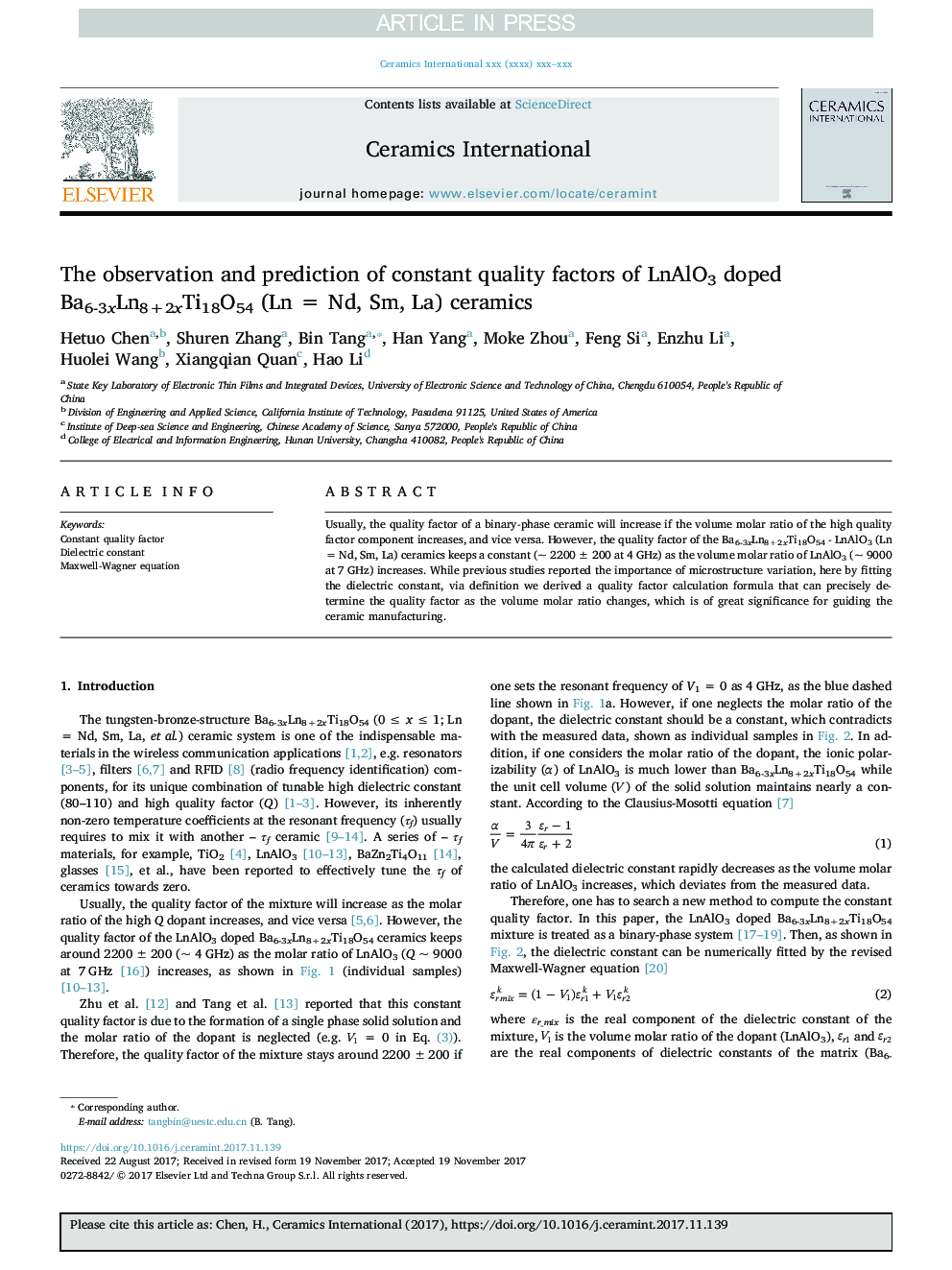The observation and prediction of constant quality factors of LnAlO3 doped Ba6-3xLn8+2xTi18O54 (Ln = Nd, Sm, La) ceramics