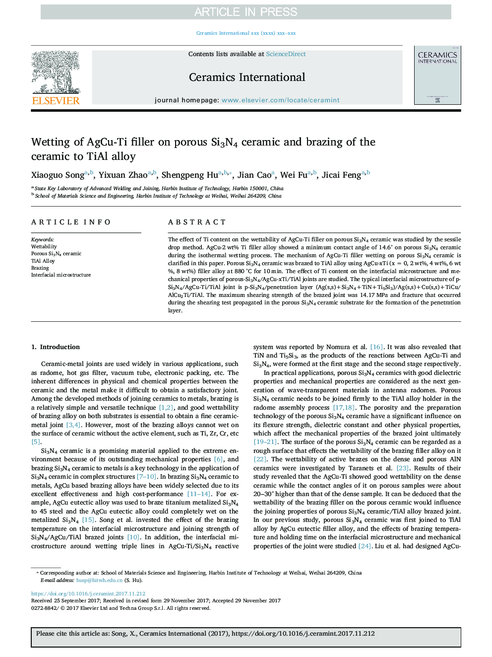 Wetting of AgCu-Ti filler on porous Si3N4 ceramic and brazing of the ceramic to TiAl alloy