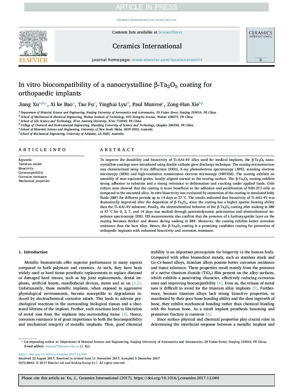 In vitro biocompatibility of a nanocrystalline Î²-Ta2O5 coating for orthopaedic implants