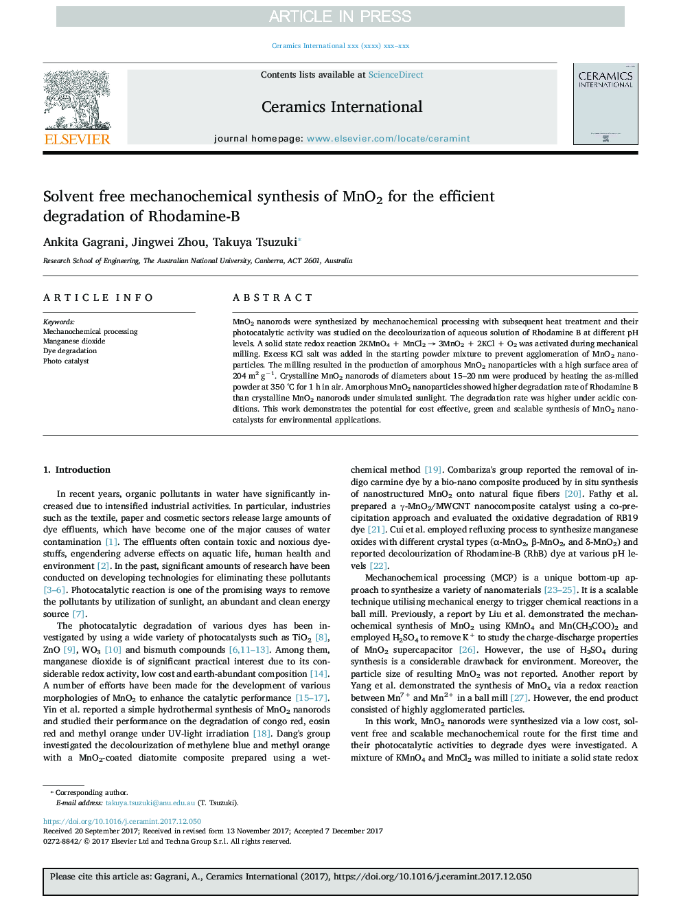 Solvent free mechanochemical synthesis of MnO2 for the efficient degradation of Rhodamine-B