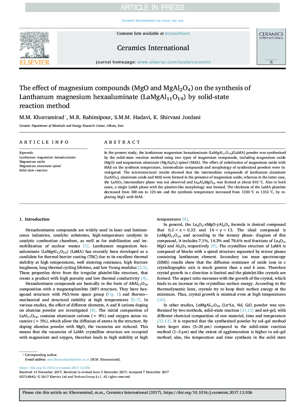 The effect of magnesium compounds (MgO and MgAl2O4) on the synthesis of Lanthanum magnesium hexaaluminate (LaMgAl11O19) by solid-state reaction method