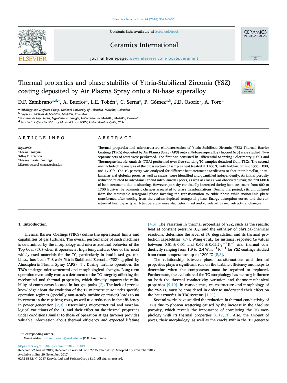 Thermal properties and phase stability of Yttria-Stabilized Zirconia (YSZ) coating deposited by Air Plasma Spray onto a Ni-base superalloy