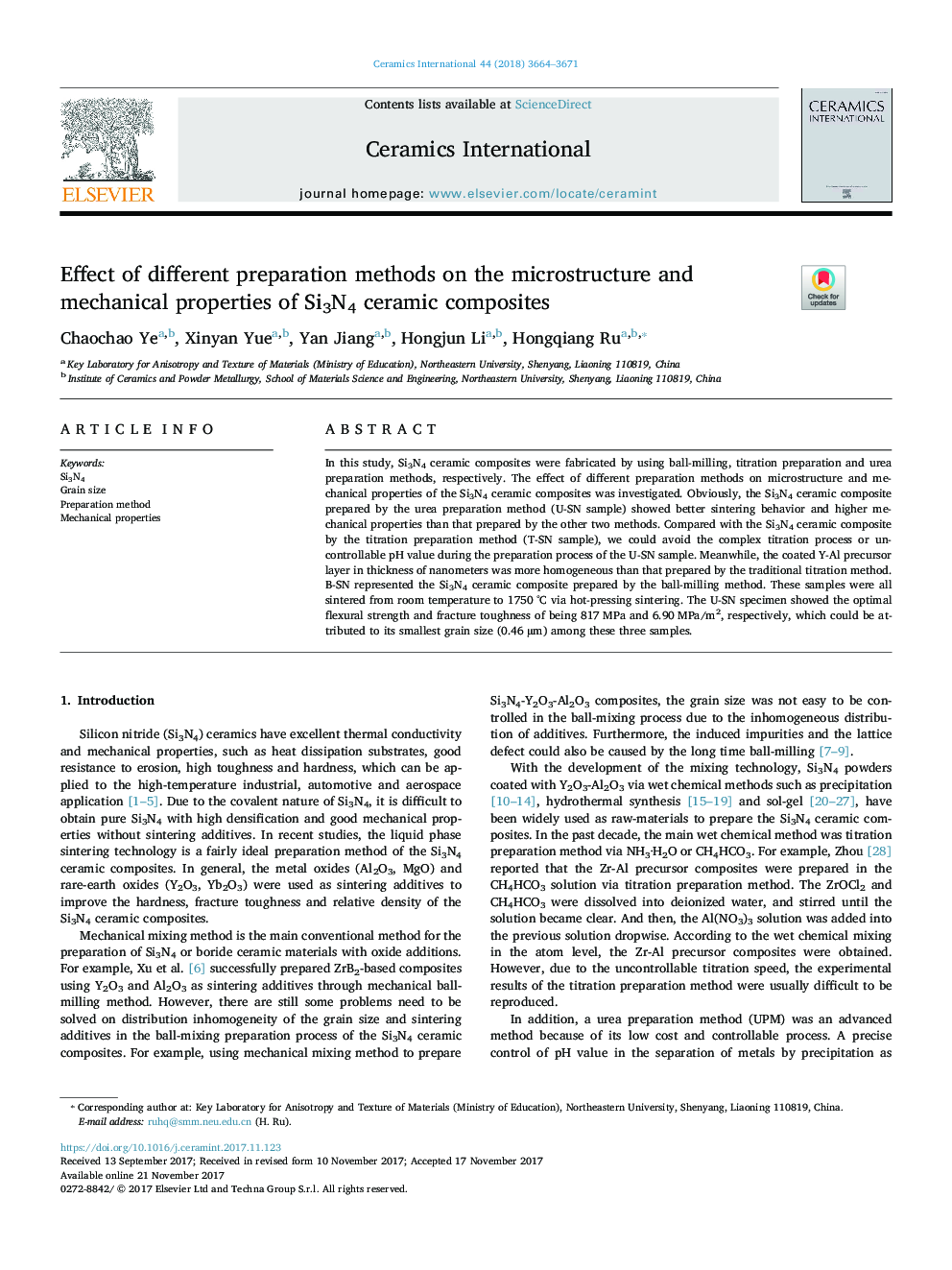 Effect of different preparation methods on the microstructure and mechanical properties of Si3N4 ceramic composites