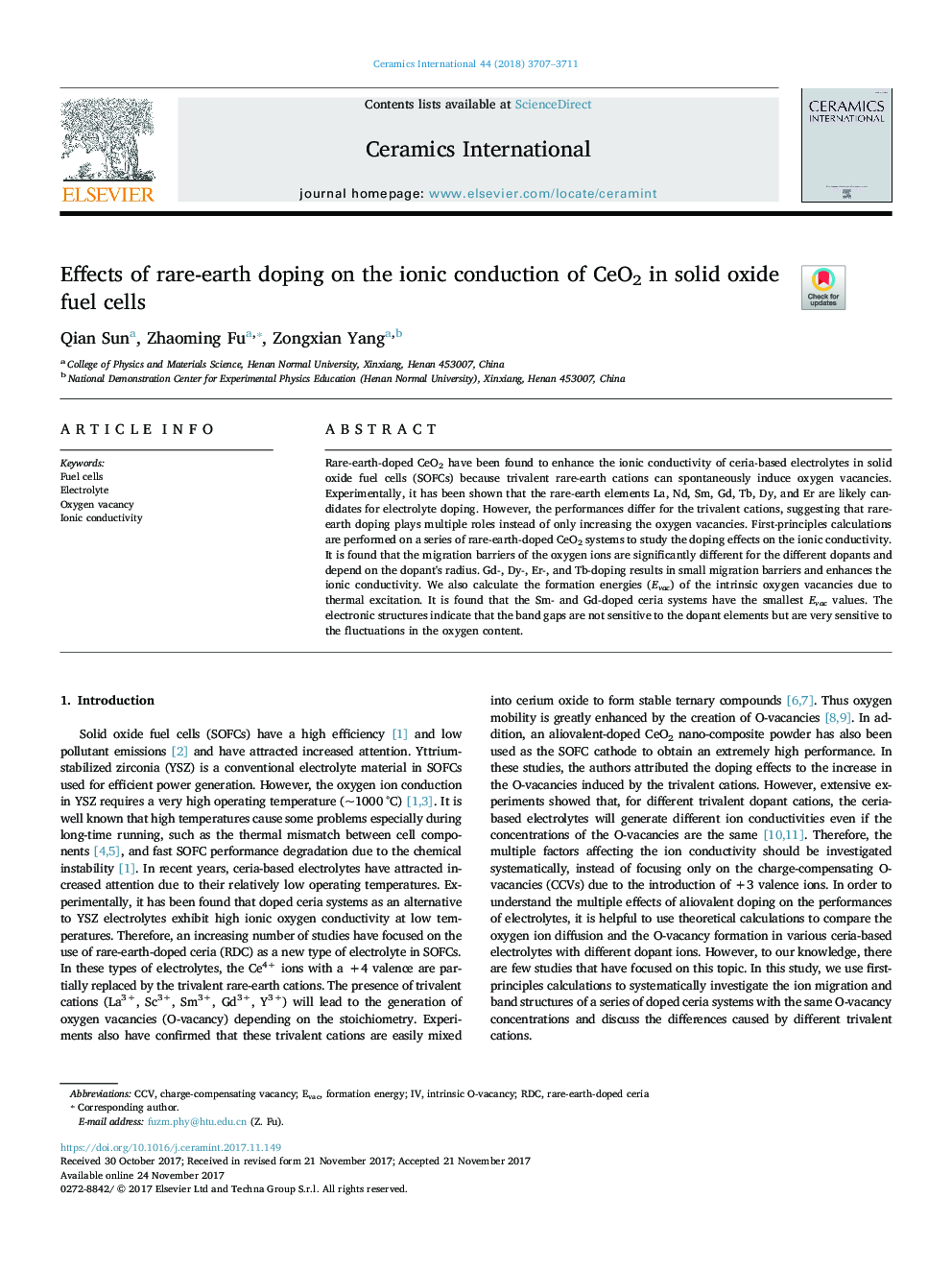 Effects of rare-earth doping on the ionic conduction of CeO2 in solid oxide fuel cells
