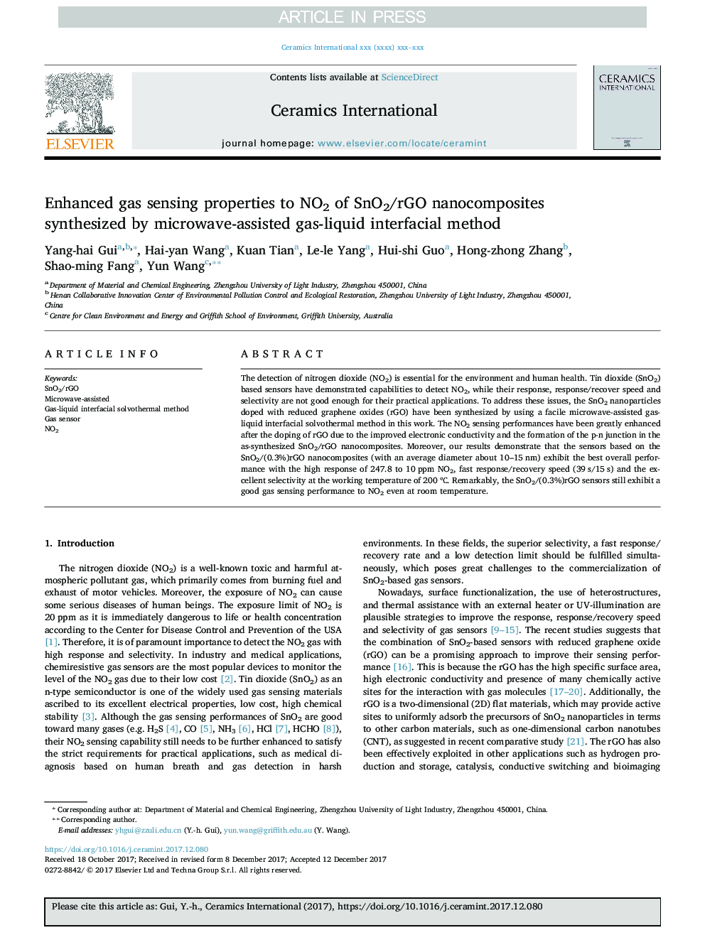 Enhanced gas sensing properties to NO2 of SnO2/rGO nanocomposites synthesized by microwave-assisted gas-liquid interfacial method