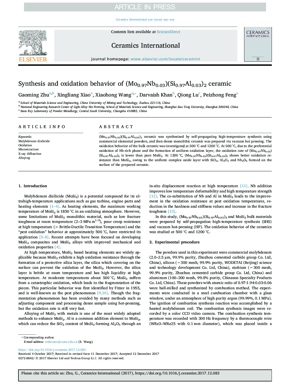 Synthesis and oxidation behavior of (Mo0.97Nb0.03)(Si0.97Al0.03)2 ceramic