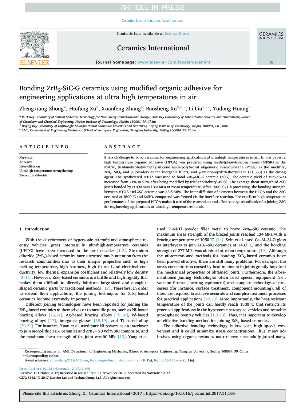 Bonding ZrB2-SiC-G ceramics using modified organic adhesive for engineering applications at ultra high temperatures in air